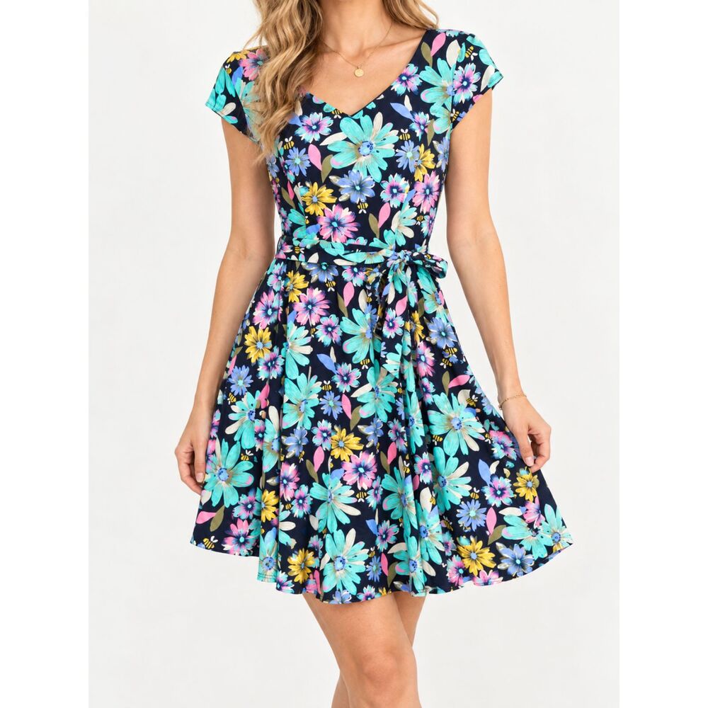 Kingfancy XL Floral Fit Flare Dress Navy Cotton Stretch Belted Retro 50s NWOT